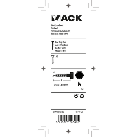 Mack 1019769 - houtdraadbout roestvrijstaal 2 st 8 x 60 mm | 10 stuks