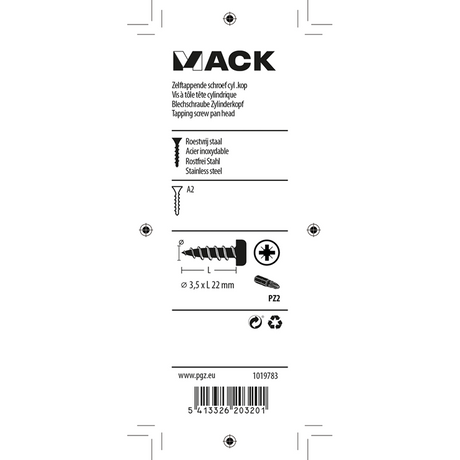Mack 1019783 - zelftappende schroef cyl.kop a2 11 st 3,5 x 22 mm | 10 stuks