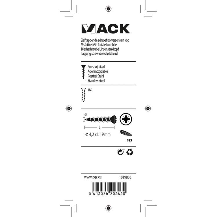 Mack 1019800 - zelftappende schroef bolvz.kopa2 10st 4,2 x 19 mm | 10 stuks