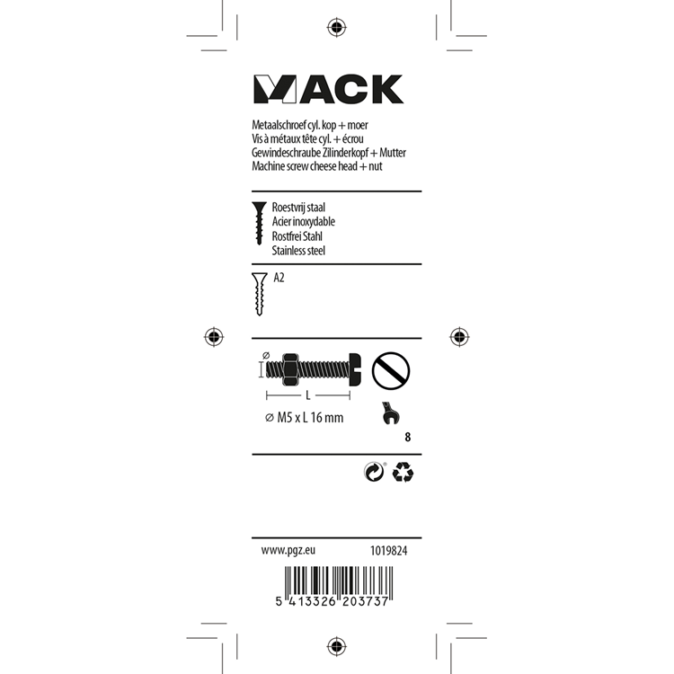 Mack 1019824 - metaalschroef cyl. kop + moer rvs 8 st m5x16 | 10 stuks
