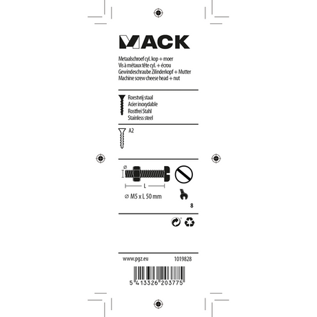 Mack 1019828 - metaalschroef cyl. kop + moer rvs 4 st m5x50 | 10 stuks