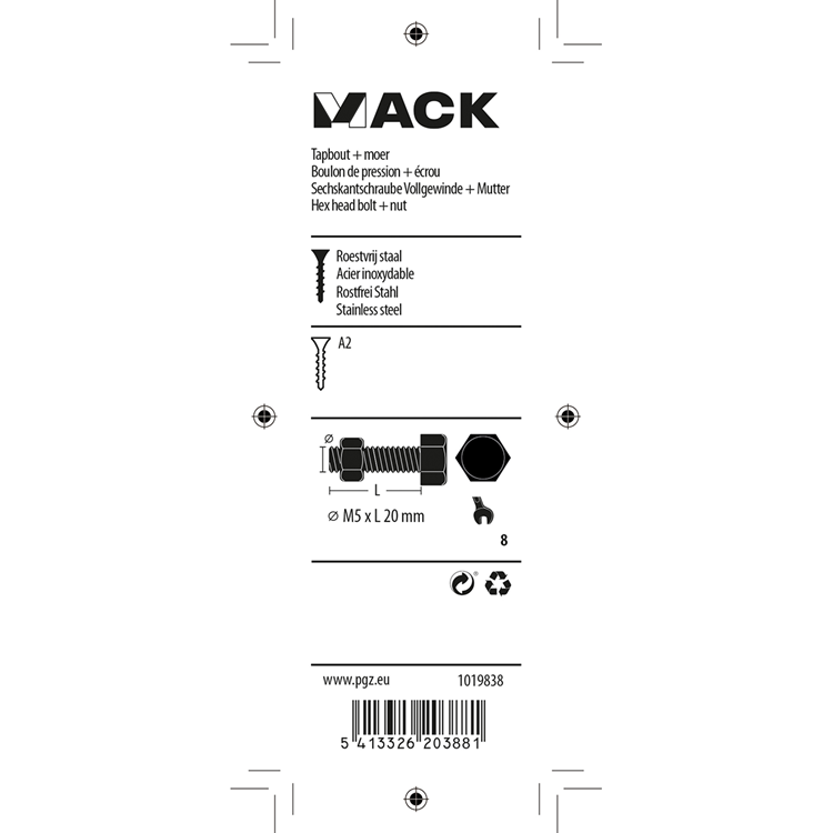 Mack 1019838 - tapbout + moer roestvrijstaal 6 st m5x20 | 10 stuks