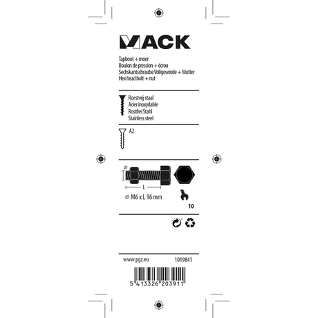 Mack 1019841 - tapbout + moer roestvrijstaal 5 st m6x16 | 10 stuks