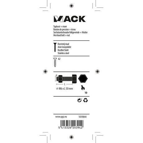 Mack 1019844 - tapbout + moer roestvrijstaal 3 st m6x50 | 10 stuks
