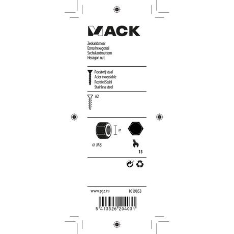 Mack 1019853 - zeskantmoer inox a2 8 st m8 | 10 stuks