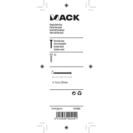 Mack 1019886 - nagel platte kop inox a2 40 st1,6 x 20 mm | 10 stuks