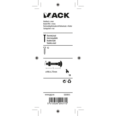 Mack 1019911 - houtbout + moer roestvrijstaal 2 st m6 x 70 mm | 10 stuks