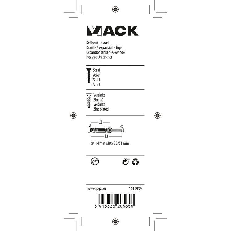Mack 1019939 - keilbout met draadst. verzinkt3 st m8x75 51mm | 5 stuks