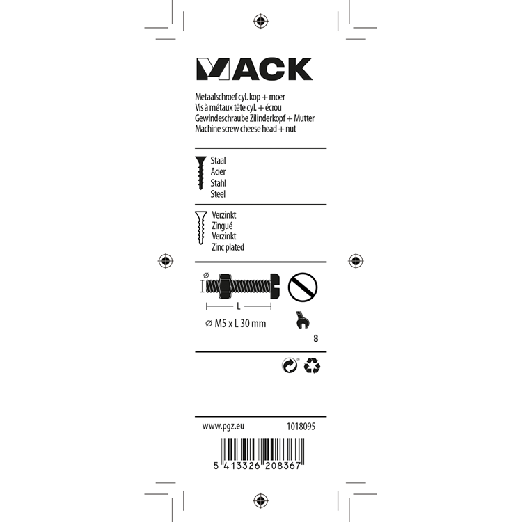 Mack 1018095 - metaalschroef cyl. kop + moer verz. 28 st m5 x 30 mm | 5 stuks