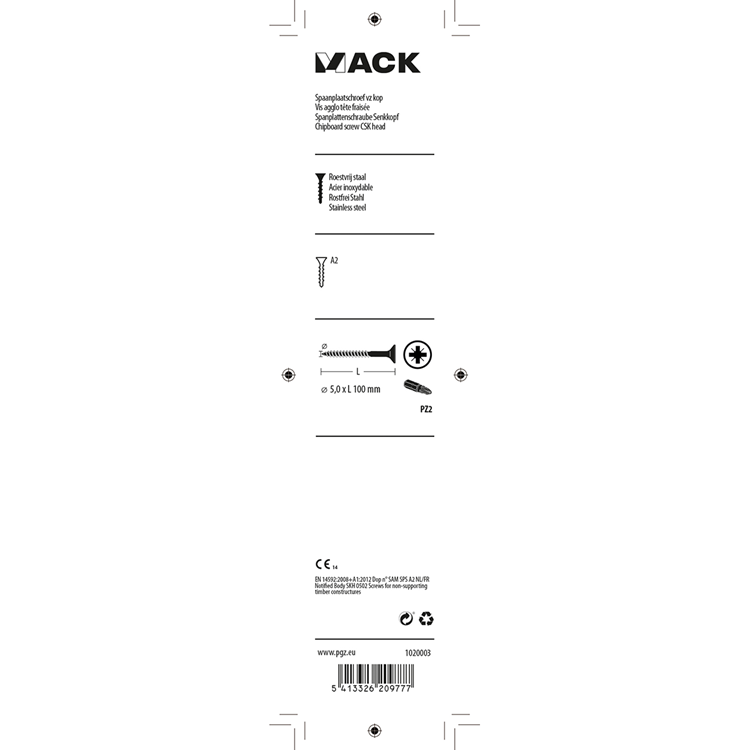 Mack 1020003 - spaanplaatschroef vz kop rvs 12 st 5,0 x100 mm | 5 stuks