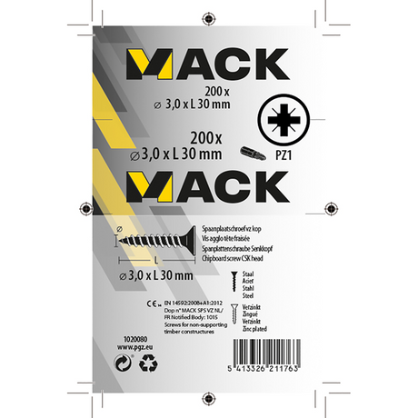 Mack 1020080 - spaanplaatschroef vz kop geel vz 200 st 3,0 x 30 mm | 5 stuks