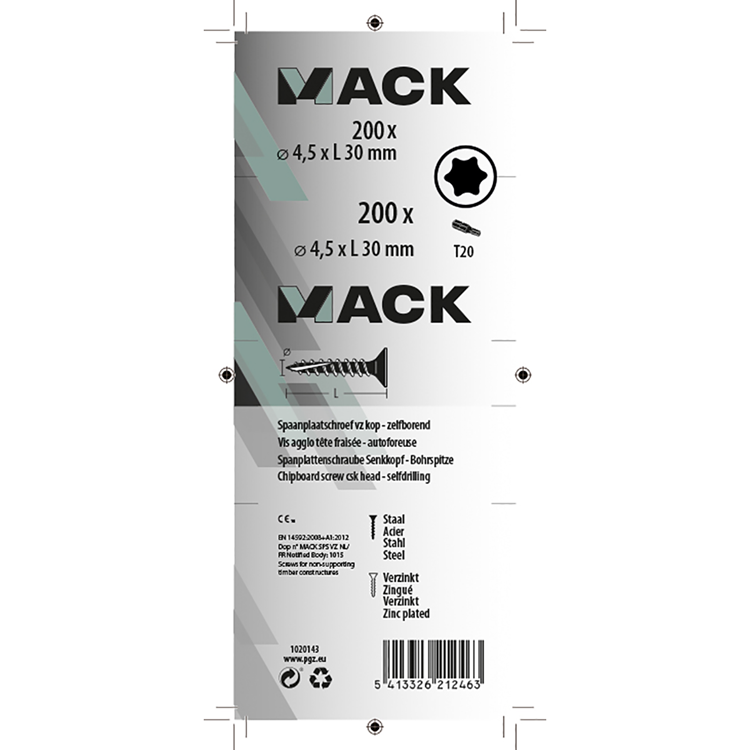 Mack 1020143 - spaanplaatschroef vz kp-zelfb.gvz 200st 4,5 x 30 mm | 5 stuks