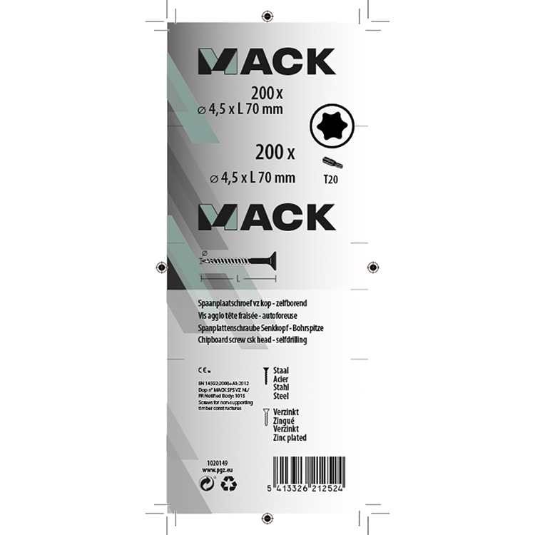 Mack 1020149 - spaanplaatschroef vz kp-zelfb.gvz 200st 4,5 x 70 mm | 2 stuks