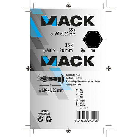 Mack 1020195 - houtbout + moer verzinkt 35 stm6 x 20 mm | 5 stuks
