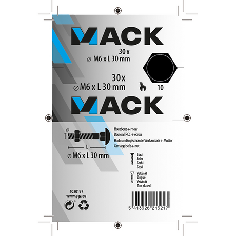 Mack 1020197 - houtbout + moer verzinkt 30 stm6 x 30 mm | 5 stuks