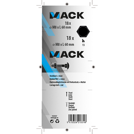 Mack 1020207 - houtbout + moer verzinkt 18 stm8 x 60 mm | 5 stuks