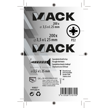 Mack 1020227 - spaanplaatschroef vz kop inox a2 200 st 3,5 x 25 mm | 2 stuks