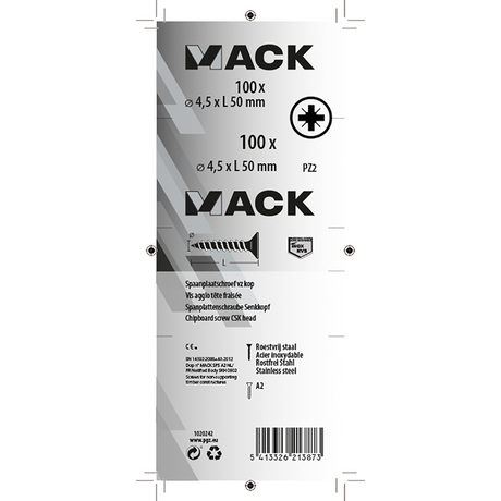Mack 1020242 - spaanplaatschroef vz kop inox a2 100 st 4,5 x 50 mm | 2 stuks