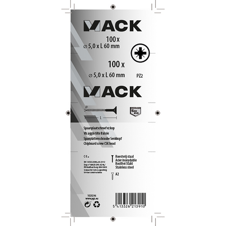Mack 1020246 - spaanplaatschroef vz kop inox a2 100 st 5,0 x 60 mm | 2 stuks