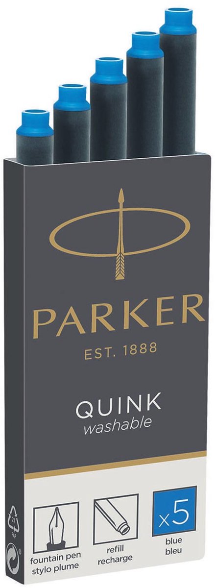 Parker lange Füllfederhalter-Tintenpatronen – blaue Tinte – waschbar – 5 Stück