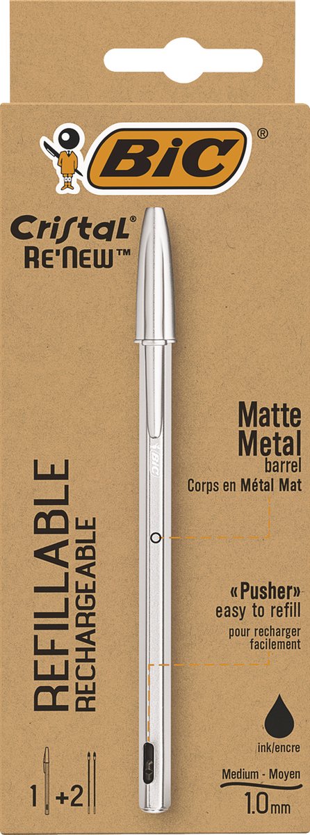Bic Kugelschreiber Cristal Re-New Medium Silber + 2 schwarze Minen