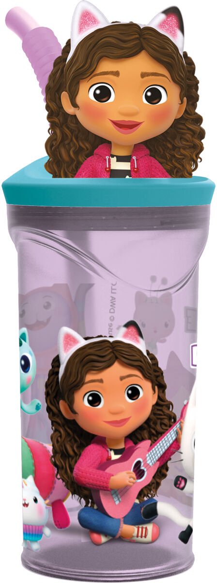 Stor Gabby's Puppenhaus-Trinkbecher mit Strohhalm – 360 ml – wiederverwendbar – mit 3D-Figur – BPA-frei – Trinkbecher für Kinder ab 4 Jahren – transparentes Lila
