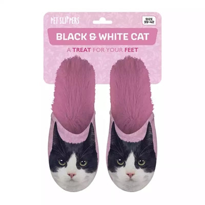 Slipper schwarz weiß Katze rosa