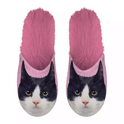 Slipper schwarz weiß Katze rosa