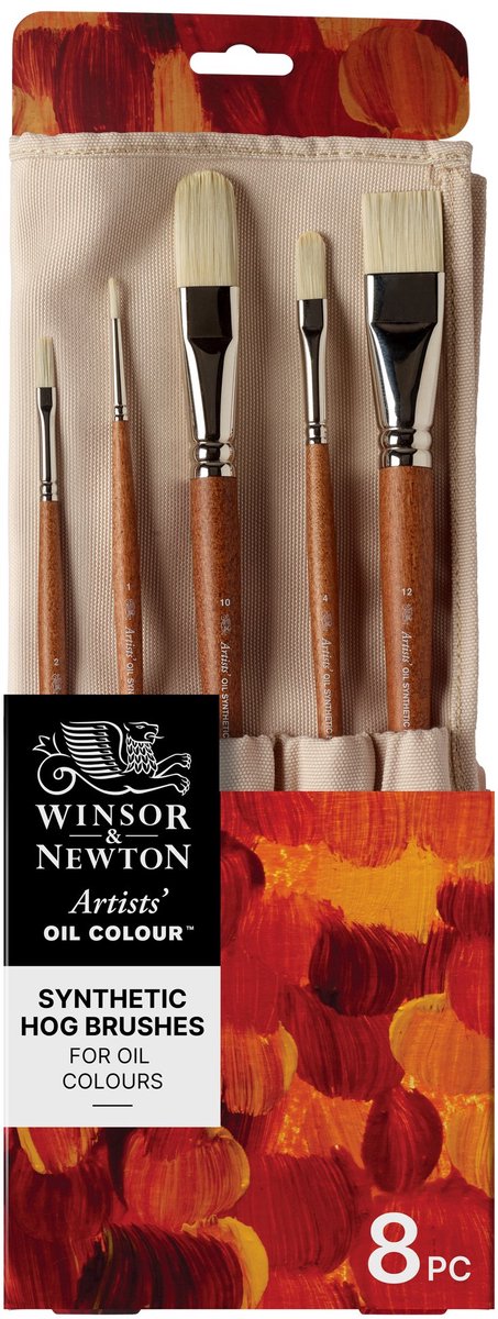 Winsor Newton 5010902 Artists Oil Synthetic Hog Brush Roll – 8 hochwertige synthetische Ölpinsel für professionelle Künstler (lang flach, flach hell, rund, Haselnuss, Lasur)
