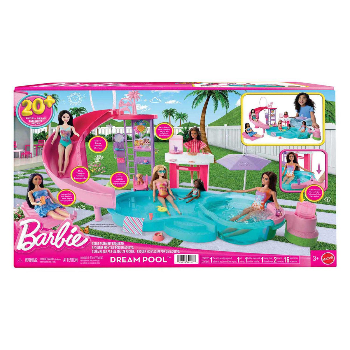 Barbie-Traumpool – Spielset mit Rutsche und Whirlpool und mehr als 20 Zubehörteilen
