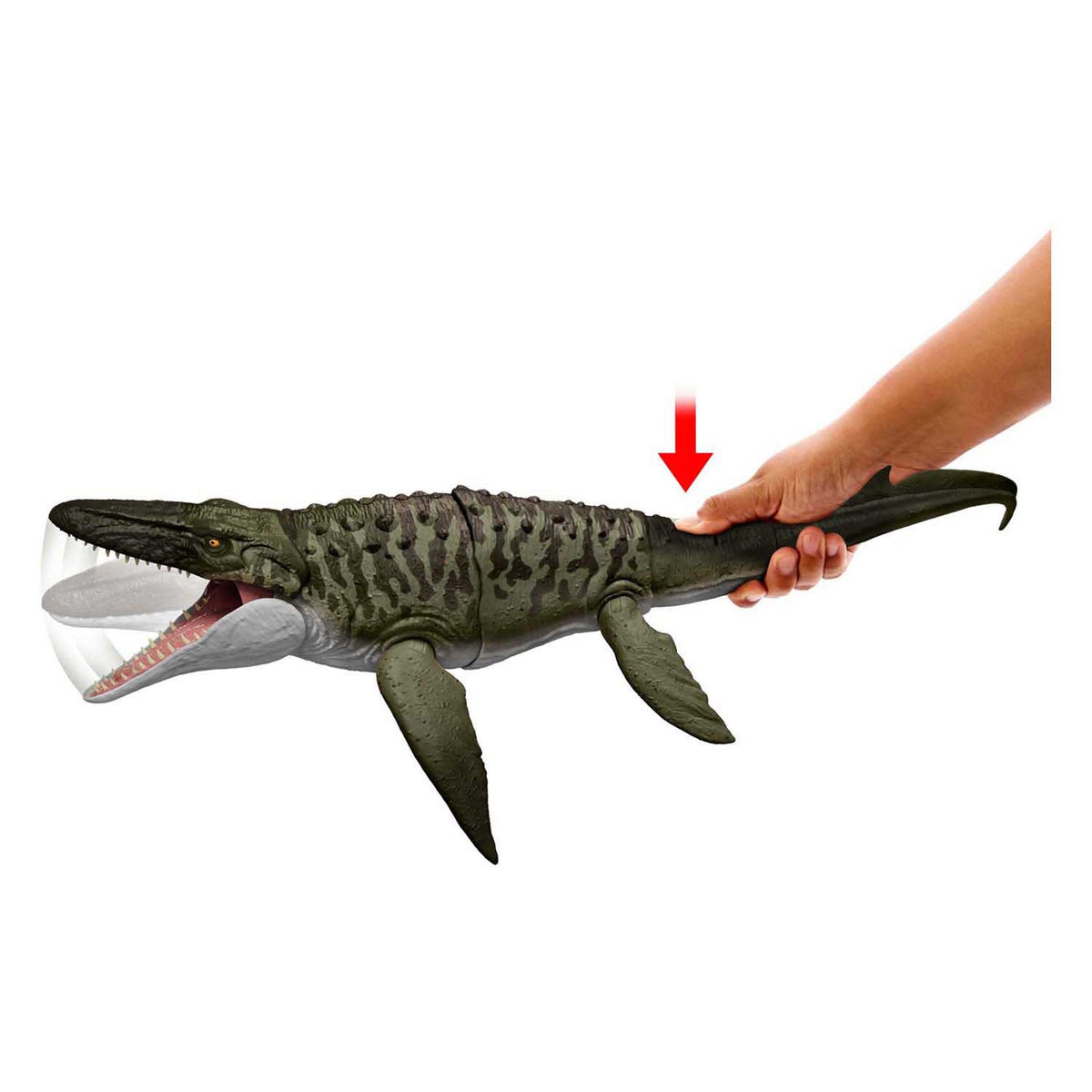 Mattel Jurassic World Rebirth Beißender und explosiver Mosasaurus, Actionfigur und Mini-Dilophosaurus, Dinosaurierspielzeug mit weit öffnenden Kiefern, beweglich, sieht aus wie im Film