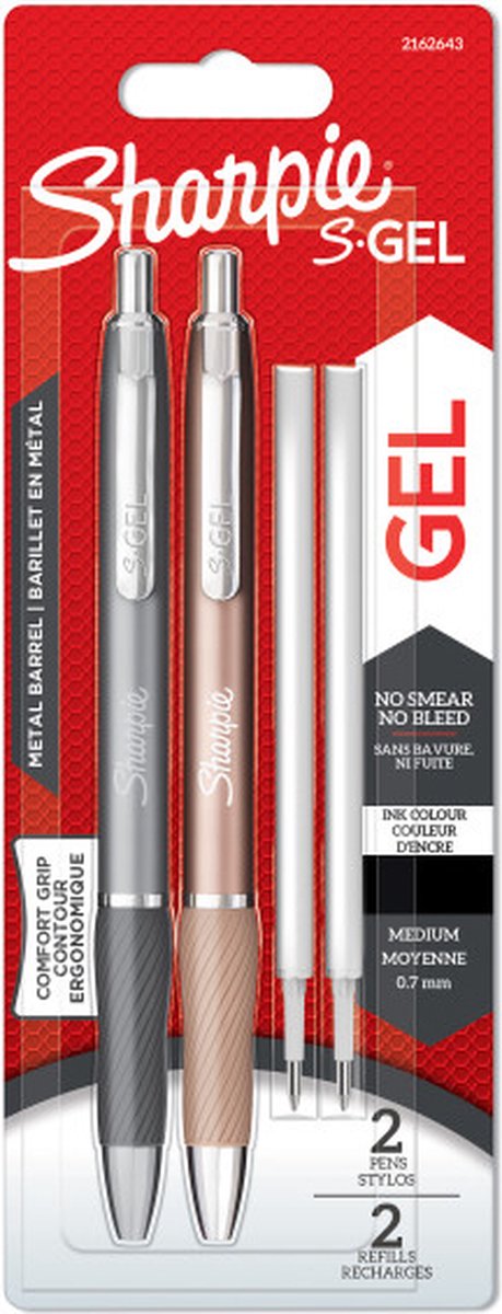 Sharpies Gel | Gelstifte aus Metall | mittlere Spitze (0,7 mm) | Stahlgrau und Rotgold | schwarze Tinte | 2 Stifte und 2 Gelstift-Nachfüllungen