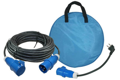 Ngk lieferbar 25 Meter Neopren 3x 1,5mm² - CEE-Stecker und CEE-Buchse - mit französischem Adapterkabel - im Kabelbeutel