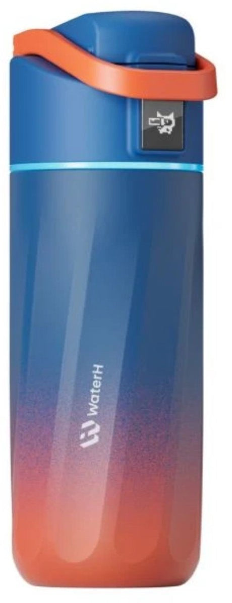 Waterh Boost Kids – Stahltrinkflasche für Kinder mit Erinnerung zum Wassertrinken – Wasserflasche für Kinder – doppelwandige isolierende Stahltrinkflasche – weite Öffnung auslaufsicher – 475 ml – Orange und Dunkelblau