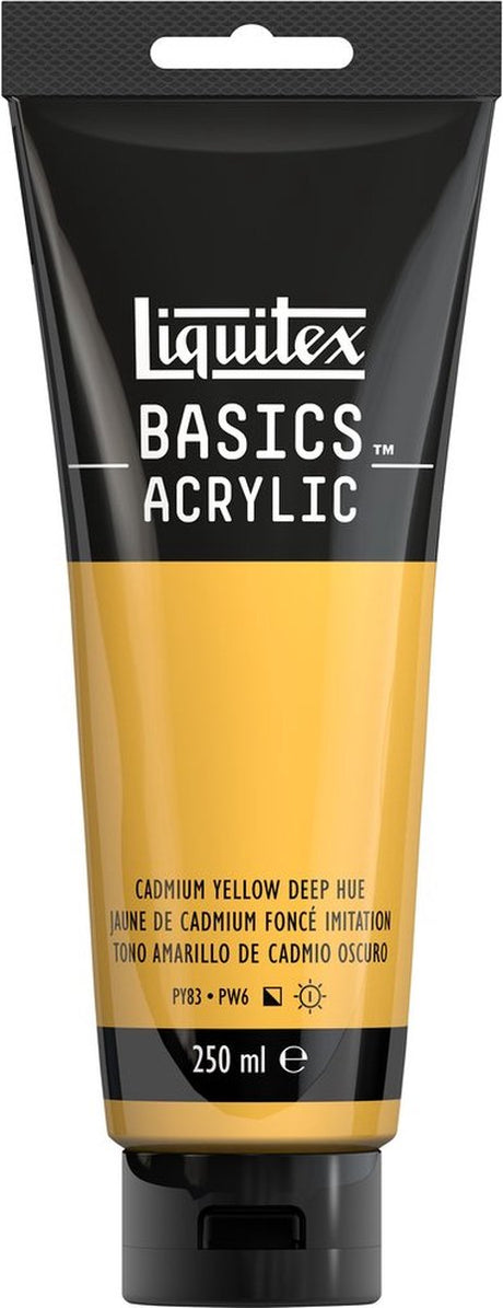 Liquitex 88700217 Basics Acrylfarbe Cadmiumgelb tiefer Farbton – 250 ml | Künstler-Acrylfarbe | mittlere Viskosität | lichtechte Farbe zum Bemalen von Leinwand