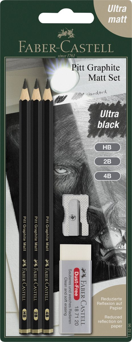Faber-Castell Graphitstifte-Set – Pitt Matt – Set mit 3 Bleistiften HB-2B-4B mit Zubehör – FC-115296