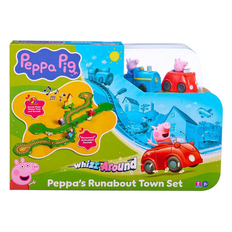 Gear2play Peppa Pig Whiz Around – Spielset „Peppas Ringstraße durch die Stadt“ – Modulare Strecke für herumflitzende Fahrzeuge – interaktiv mit Musik und Sound