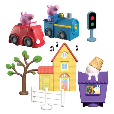 Gear2play Peppa Pig Whiz Around – Spielset „Peppas Ringstraße durch die Stadt“ – Modulare Strecke für herumflitzende Fahrzeuge – interaktiv mit Musik und Sound