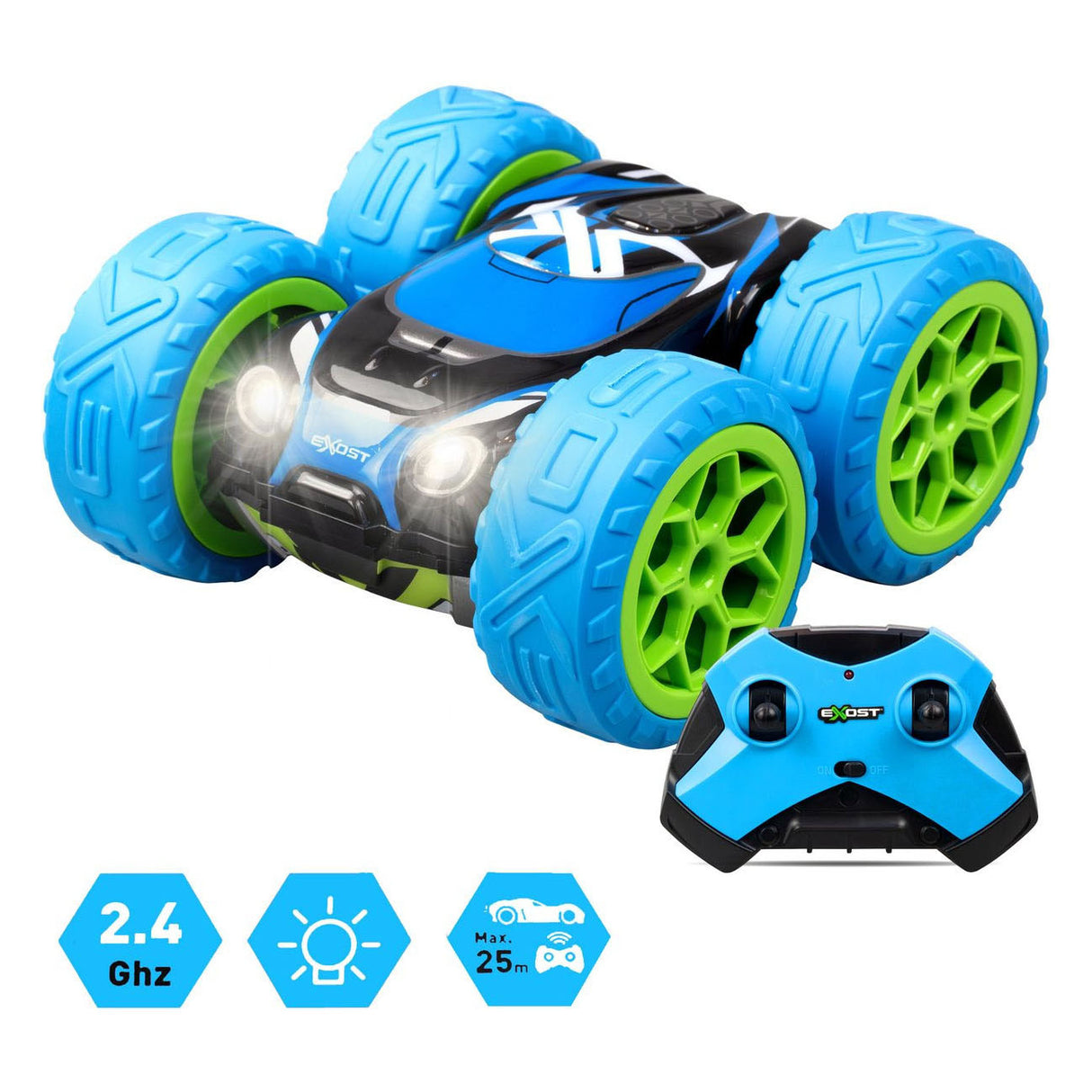 Exost rc 360 cross mx bestuurbare stuntauto blauw groen - 12 km u
