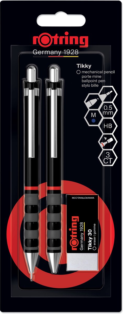 Rotring Tikky Druckbleistift, Kugelschreiber und Radiergummi-Set | Graphit HB, 0,5 mm Bleistift | Stift mit mittlerer Spitze | schwarzer Ärmel | Leichtgewicht mit Gummigriff
