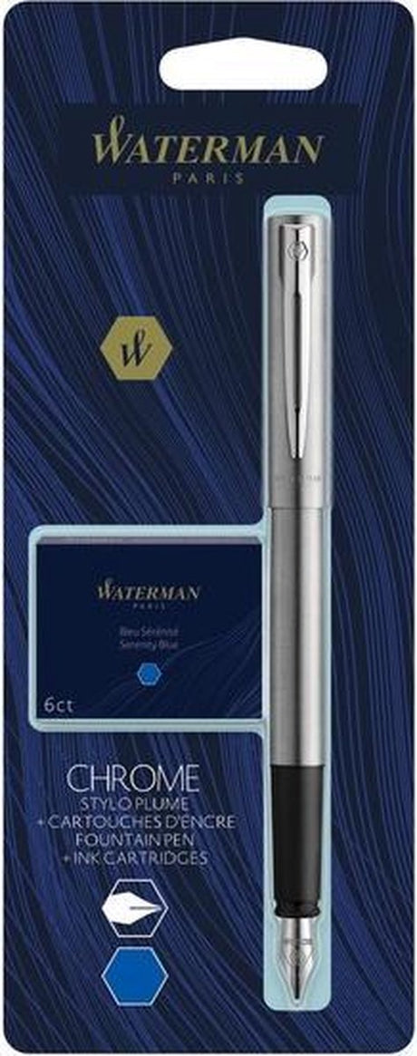 Waterman Allure Füllfederhalter | Chrom | feine Feder | inklusive 6 kurzen blauen Tintenpatronen