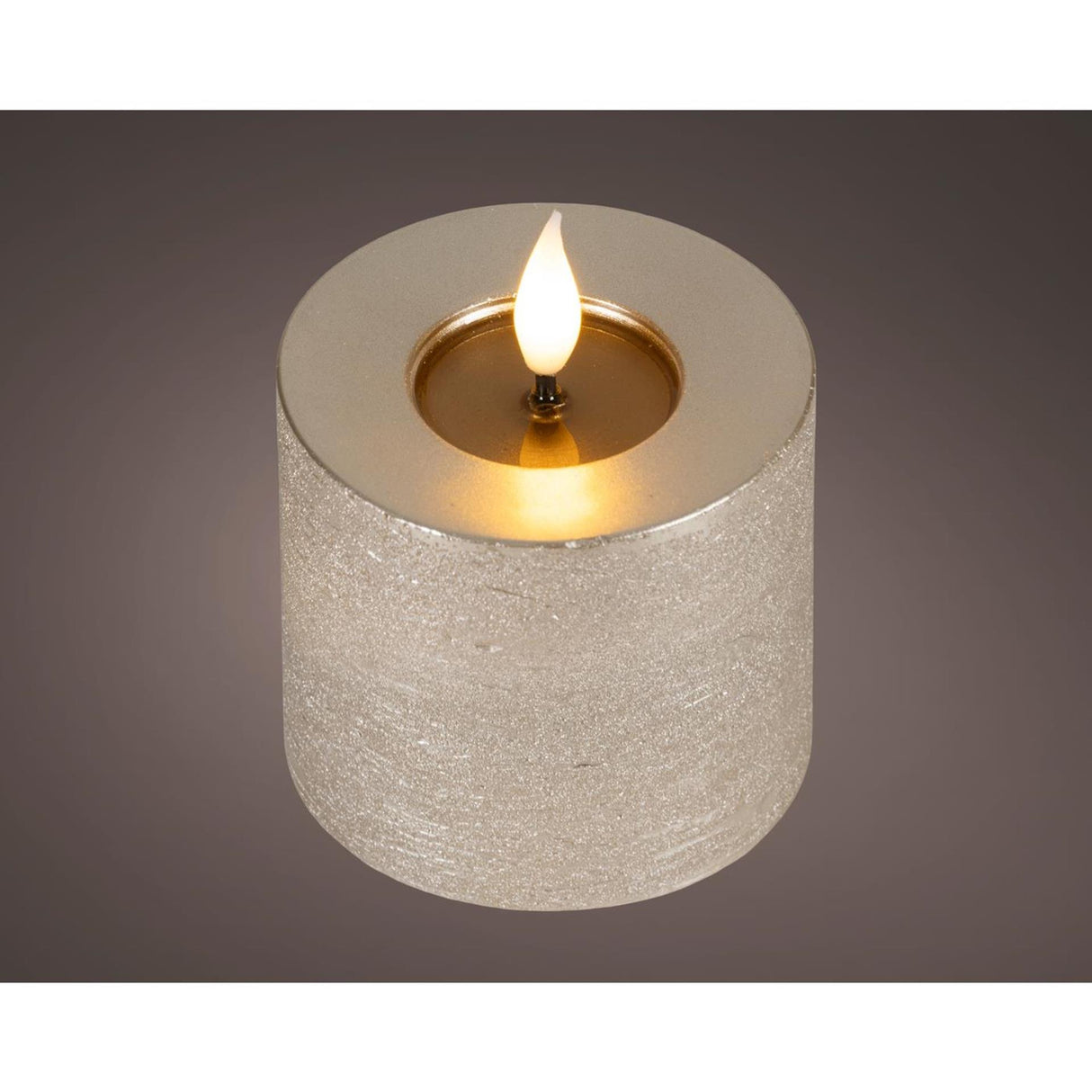 Lumineo realistische led kaars met wax pit en vlam effect ã˜7.5x9,5cm licht grijs met 6uur timer werkt op batterij