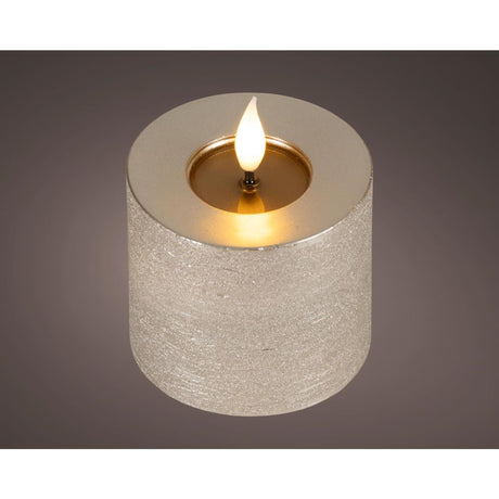 Lumineo realistische led kaars met wax pit en vlam effect ø7.5x9,5cm licht grijs met 6uur timer werkt op batterij
