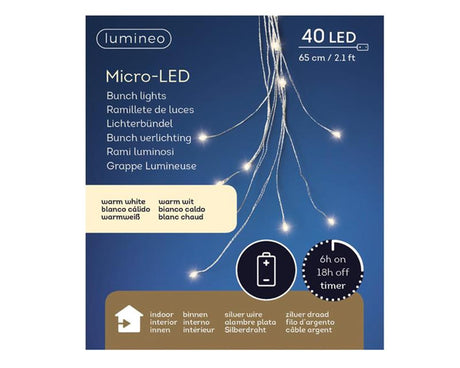 Lumineo Micro-LED-Drahtbeleuchtungskaskade 80 cm – 40 l, 10 Drähte mit 5 Lampen, silberfarben, warmweiß, auf Batterie mit Timer