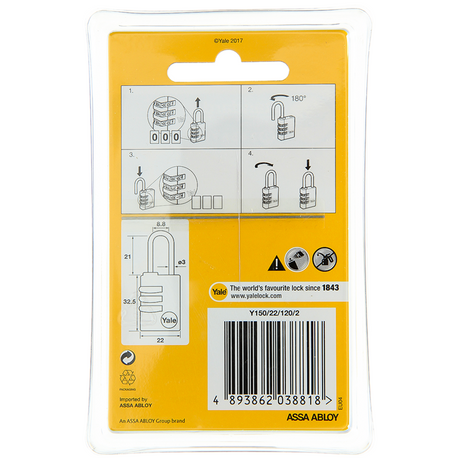 Yale 1060493 - 2 code hangsloten 22mm messing | 3 stuks