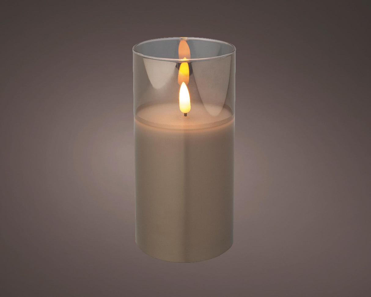 Lumineo led kaars in glas voor binnen met vlameffect en timer dia7,5x15cm rook grijs