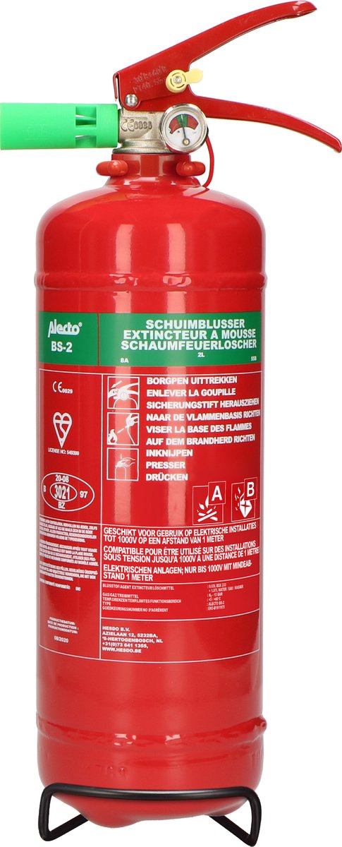 Alecto BS-2 Feuerlöscher – Schaumlöscher 2 Liter – Brandklasse AB – inklusive Aufhängebügel