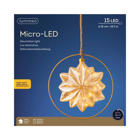 Lumineo LED-Sternglas mit 15 Micro-LED-Lampen im Metallring – ø 26 cm, batteriebetrieben mit Timer