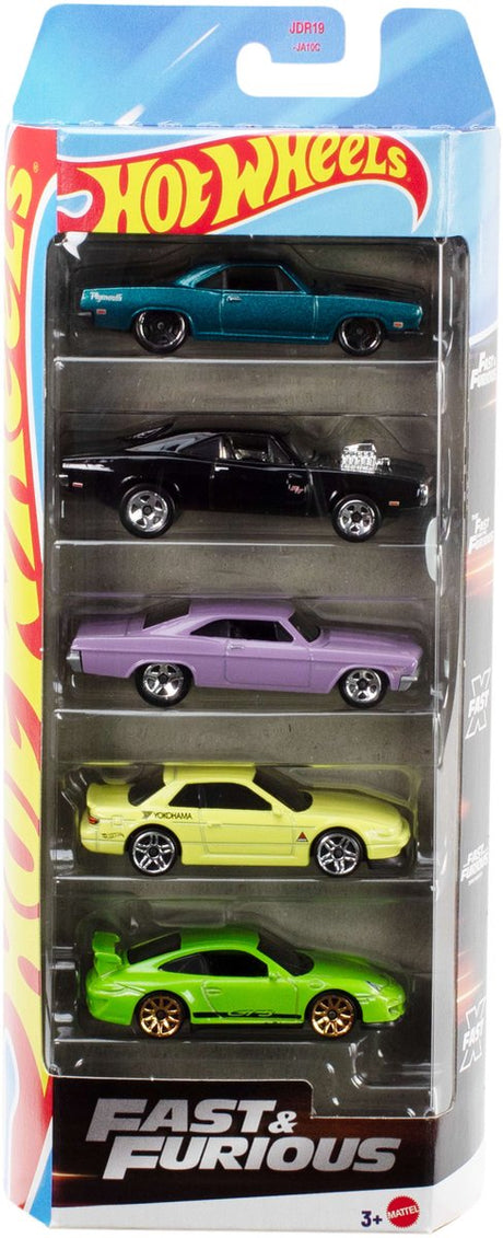 Hot Wheels Fast Furious, Set aus 5 Spielzeugrennautos aus Metall, inspiriert von den Filmen und in diesen zu sehen, Maßstab 1:64