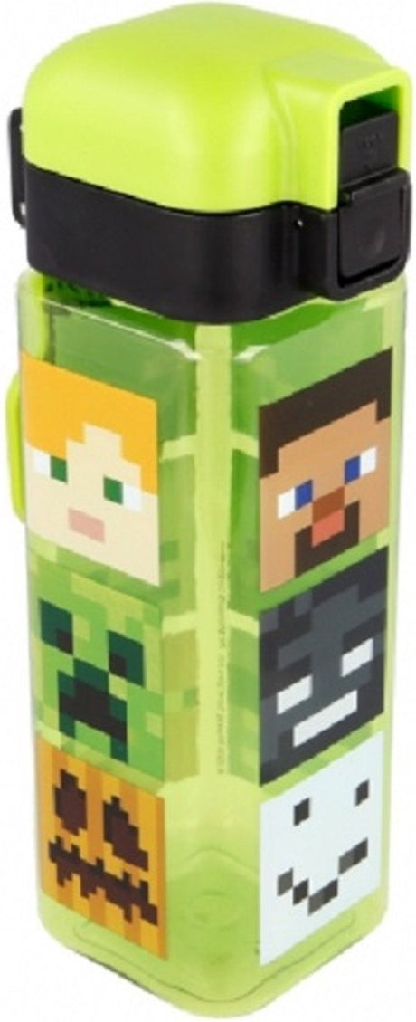 Minecraft-Figuren – quadratische Trinkflasche Trinkbecher mit Sicherheitsverschluss und Tragering – 550 ml – BPA-frei